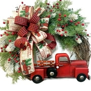 Christmas Wreath with Red Truck, Vintage Farmhouse Berry Wreath Rustic Christmas Garland Fall Wreaths for Front Door Thanksgiving Decoration Xmas Decor